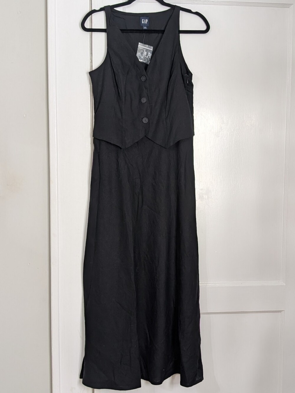 GAP Women's Linen Blend Vest Maxi Dress Black Sz S Sleeveless V Neck Twee NWOT